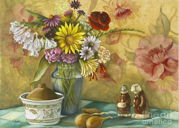 Still Life Greeting Card featuring the painting For What We are about to Receive by Marlene Book