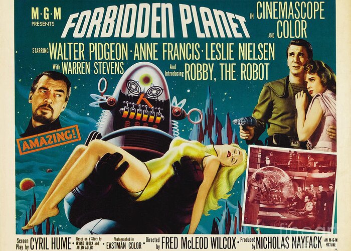 Forbidden Planet Greeting Card featuring the painting Forbidden Planet in CinemaScope retro classic movie poster by Vintage Collectables