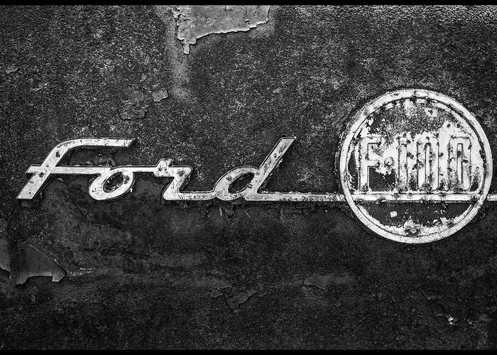 Ford F-100 Emblem Greeting Card featuring the photograph Ford F-100 Emblem On A Rusted Hood by Matthew Pace