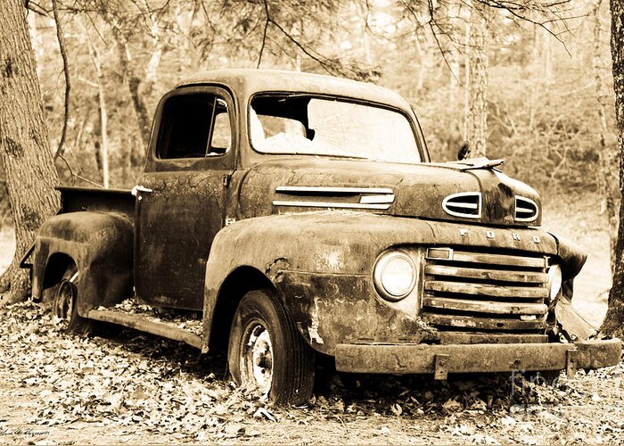 Ford Greeting Card featuring the photograph Ford F1 Truck in Sepia RIP Series by John Harmon