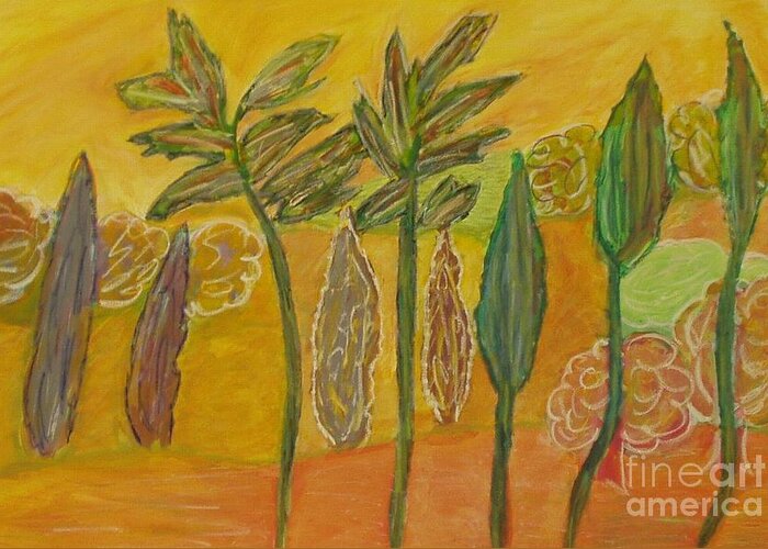 Orange Yell Green Pastel Greeting Card featuring the painting Forest Colorharmony by Pilbri Britta Neumaerker