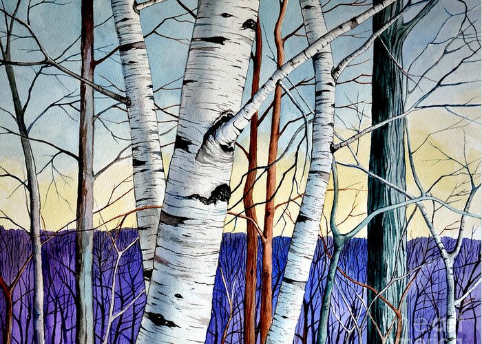 Birch Greeting Card featuring the painting Forest of trees by Christopher Shellhammer