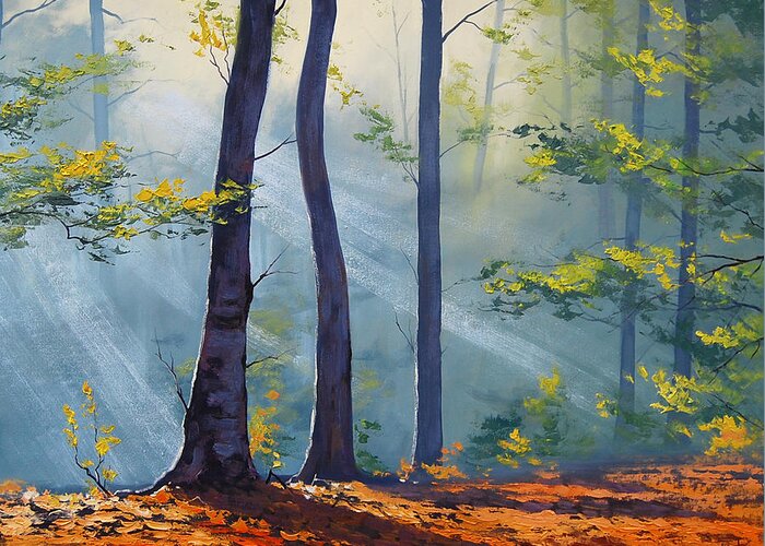 Fall Greeting Card featuring the painting Forest Sunrays by Graham Gercken
