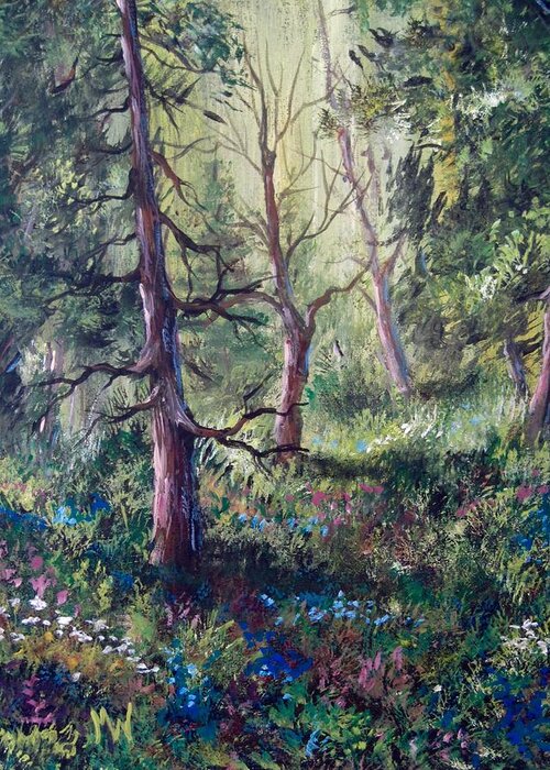 Landscapes Greeting Card featuring the painting Forest wildflowers by Megan Walsh