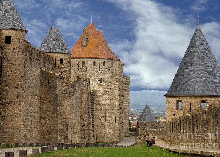Castle Greeting Card featuring the photograph Fortress Wall of Carcassonne by Heiko Koehrer-Wagner