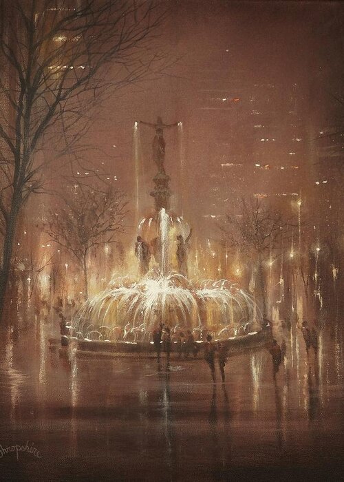 Fountain Square Greeting Card featuring the painting Fountain Square by Tom Shropshire