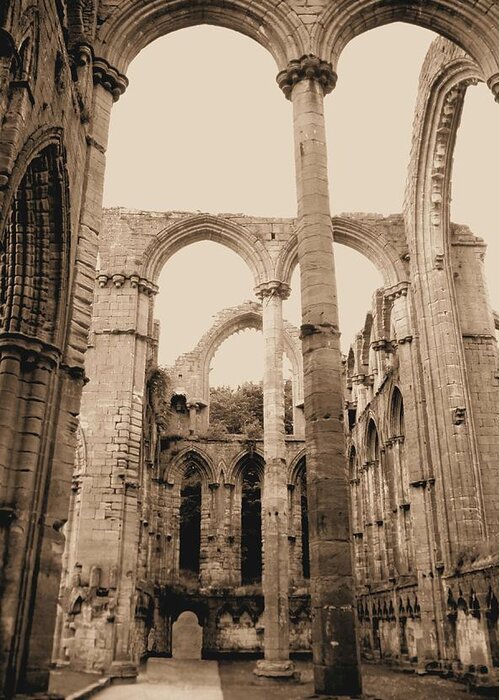 Fountains Fountain Abbey England Sepia Old Medieval Middle Ages Church Monastery Nun Nuns Architecture York Yorkshire Monasteries Aldfield Ruins Saint Century Black Death Claustral Building Cistercian Granges Cathedral Cloister Feudal Greeting Card featuring the photograph Fountains Abbey #52 by Raymond Magnani