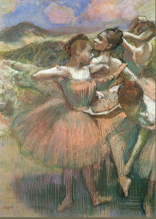 Four Dancers On Stage Greeting Card featuring the pastel Four Dancers On Stage by Edgar Degas