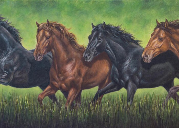 Horse Greeting Card featuring the painting Four Horses by Kim Lockman
