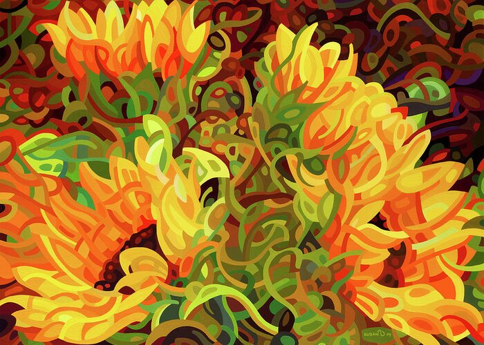 Fine Art Greeting Card featuring the painting Four Sunflowers by Mandy Budan