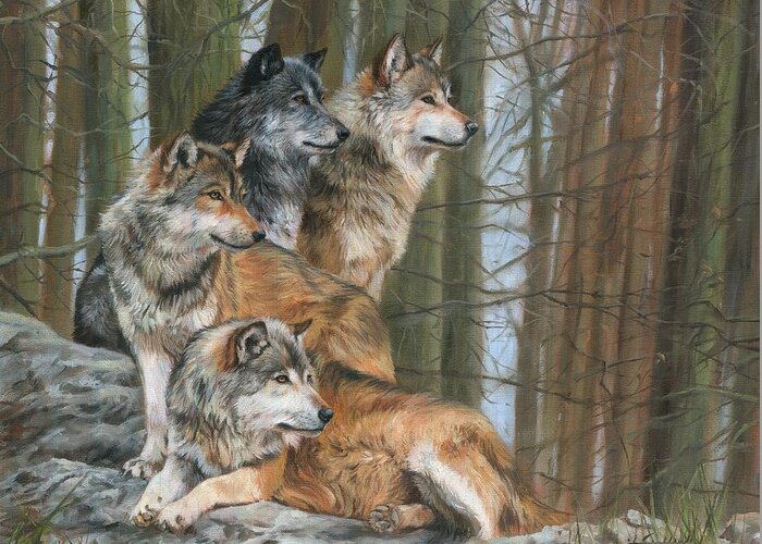 Wolf Greeting Card featuring the painting Four Wolves by David Stribbling