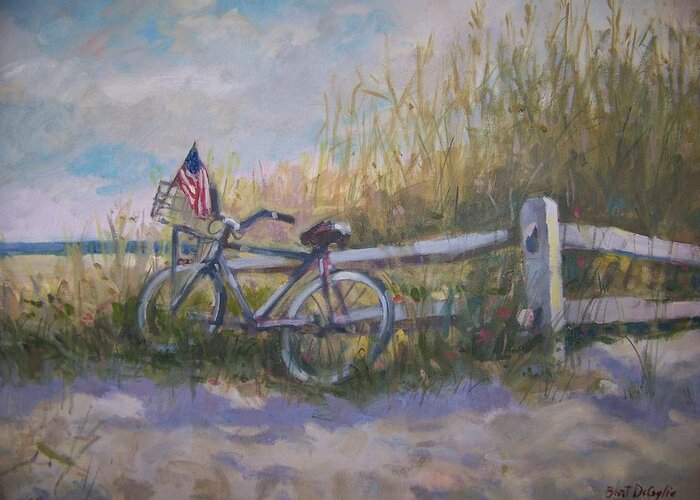 Bike With Flag In Fire Island Greeting Card featuring the painting Fourth of July by Bart DeCeglie