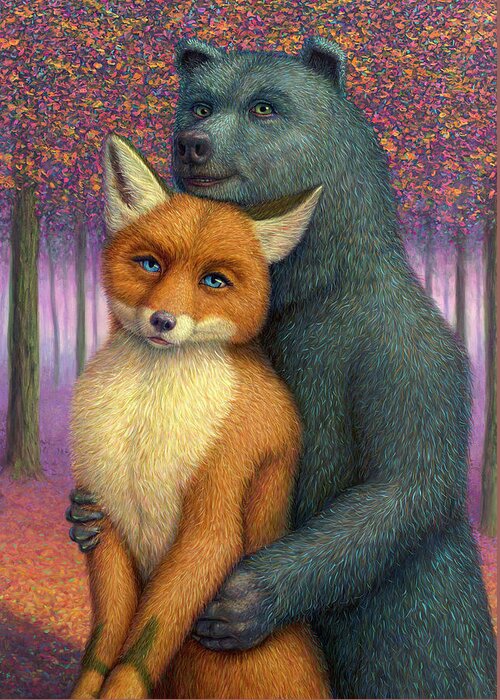 Couple Greeting Card featuring the painting Fox and Bear Couple by James W Johnson