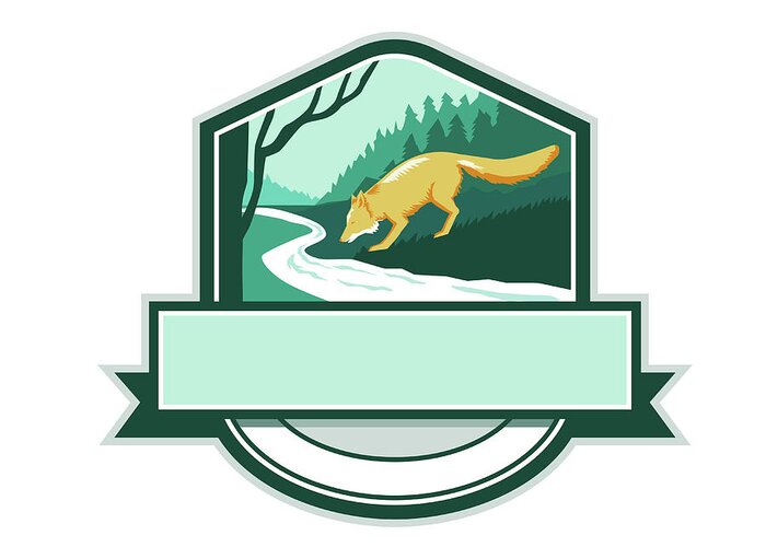 Fox Greeting Card featuring the digital art Fox Drinking River Creek Woods Crest Woodcut by Aloysius Patrimonio