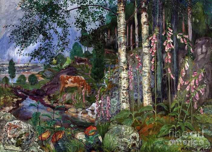 Nikolai Astrup Greeting Card featuring the painting Foxgloves, ca 1918 by O Vaering by Nikolai Astrup