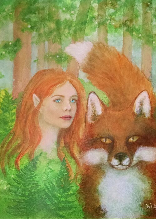 Red Fox Greeting Card featuring the mixed media Foxy Faery by Bernadette Wulf