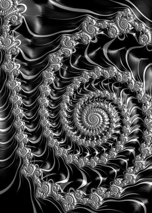 Spirals Greeting Card featuring the digital art Fractal spiral gray silver black steampunk style by Matthias Hauser