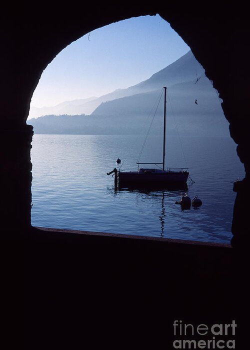 Varenna Greeting Card featuring the photograph Framed blue lake by Riccardo Mottola