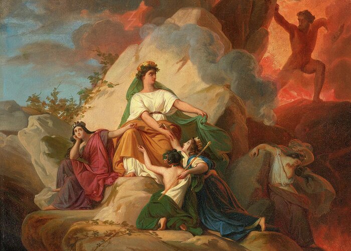 Francois-edouard Picot Greeting Card featuring the painting Cybele opposing Vesuvius to protect the Cities of Stabia Herculaneum Pompeii by Francois-Edouard Picot
