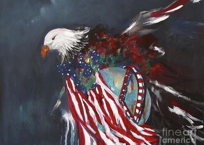 Freedom Rings Eagle American Flag Dark Red White Symbol Abstract Painting Print Peace World Earth Usa Bird Fly Wings Sky American Nation Pride Miroslaw Chelchowski American Eagle Greeting Card featuring the painting Freedom Rings by Miroslaw Chelchowski