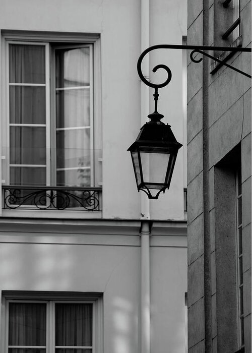 Lantern Greeting Card featuring the photograph French Alley Lantern-Black and White by Jani Freimann