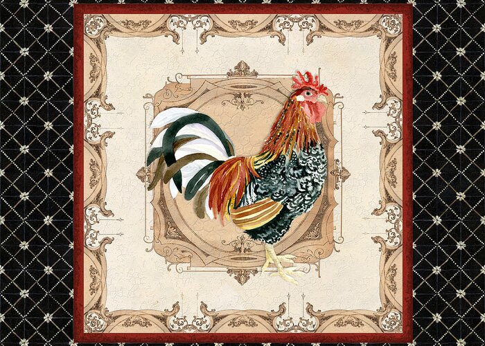 Etched Greeting Card featuring the painting French Country Roosters Quartet Black 1 by Audrey Jeanne Roberts