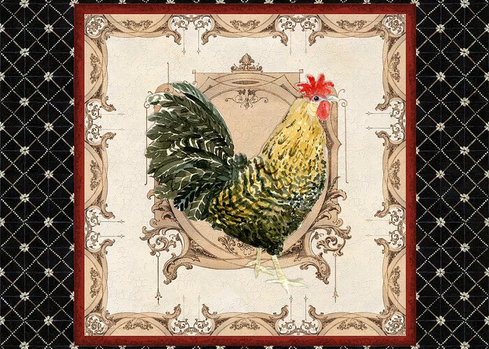 Etched Greeting Card featuring the painting French Country Roosters Quartet Black 3 by Audrey Jeanne Roberts