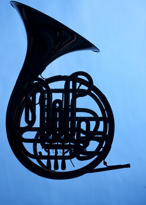 French Horn Greeting Card featuring the photograph French Horn Silhouette on Blue by M K Miller