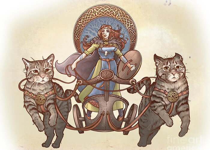 Freya Greeting Card featuring the digital art Freya and Her Cat Chariot-garbed version by Danielle Zemba