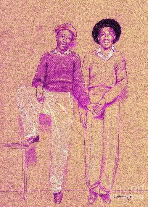 Retro Greeting Card featuring the digital art Friends, Memphis 1942 in purple by Jayne Somogy