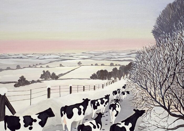 Fence Greeting Card featuring the painting Friesians in Winter by Maggie Rowe