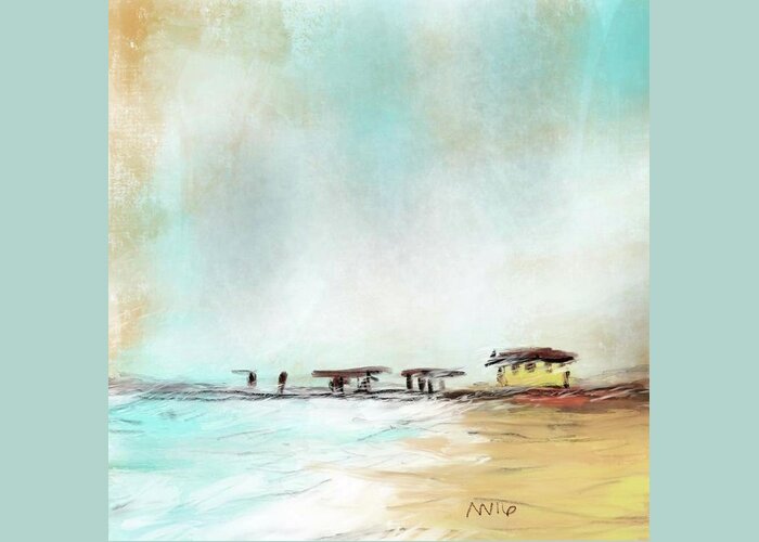 Beach Greeting Card featuring the digital art Frisco Pier by AnneMarie Welsh
