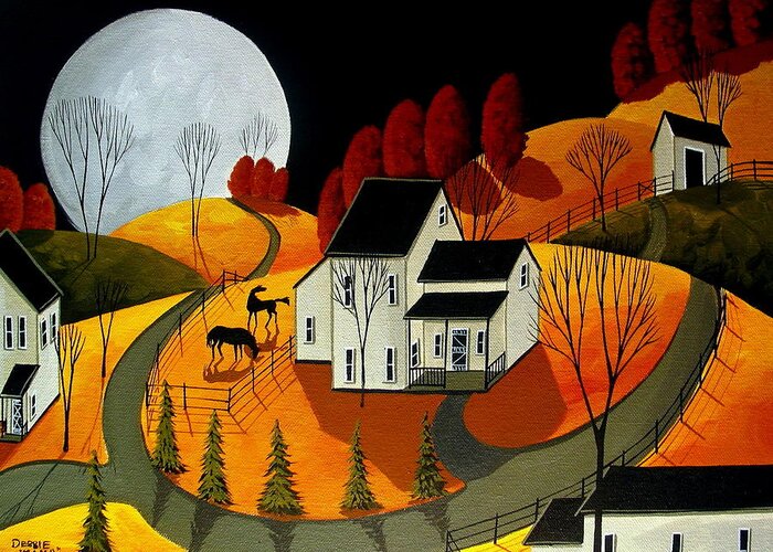 Landscape Greeting Card featuring the painting Frisky Autumn Eve - a folkartmama - folk art by Debbie Criswell