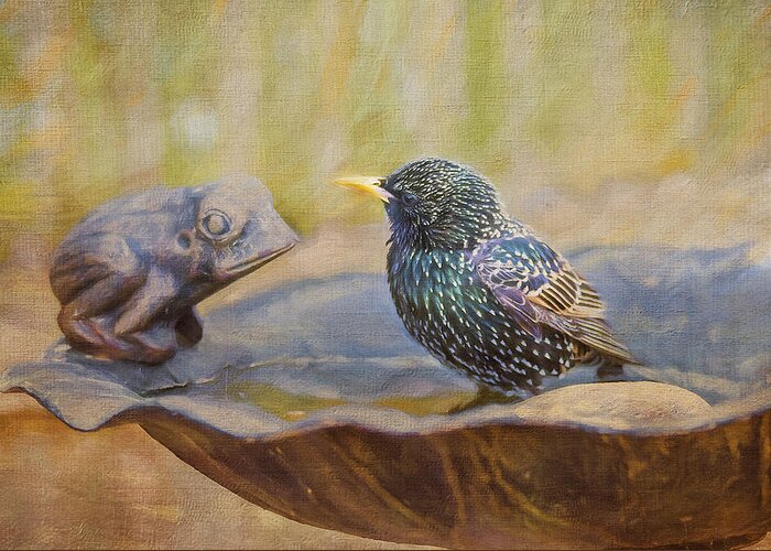 Starling Greeting Card featuring the photograph Frog and Bird by Cathy Kovarik
