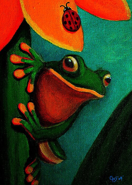 Frog Greeting Card featuring the painting Frog and ladybug by Nick Gustafson
