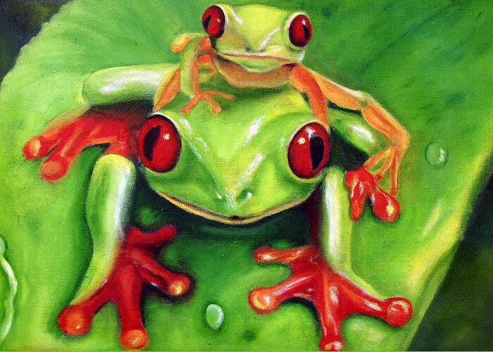 Red Eyed Tree Frog Greeting Card featuring the painting Frog Rodeo by Darlene Green