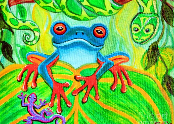 Frog Art Greeting Card featuring the painting Frog Snake and Gecko in the Rainforest by Nick Gustafson