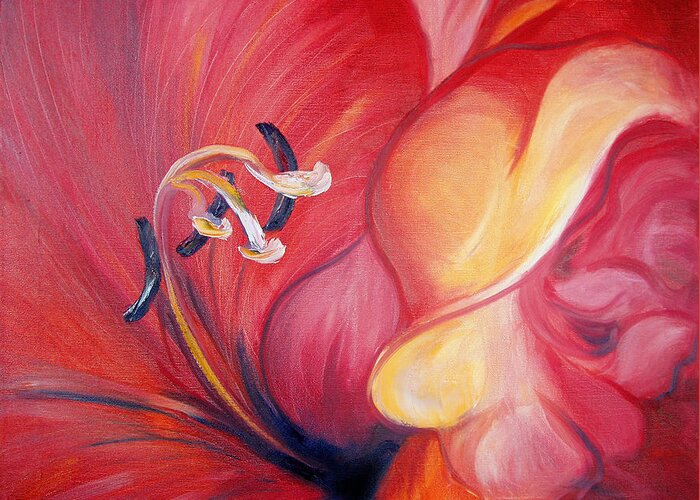 Red Greeting Card featuring the painting From the Heart of a Flower RED by Gina De Gorna