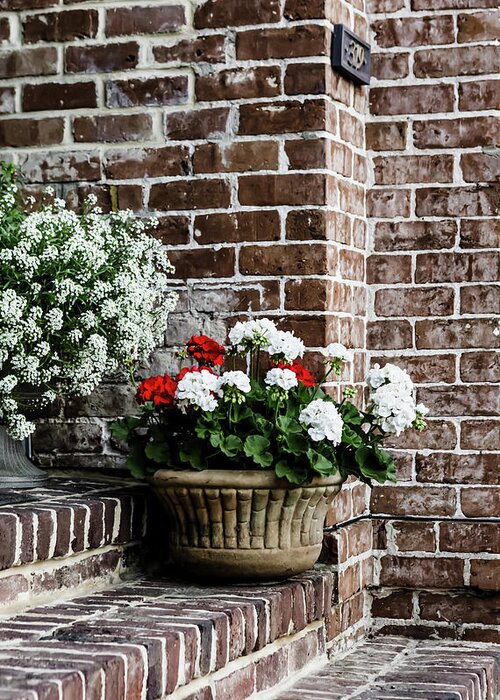 House Greeting Card featuring the photograph Front Porch with Flower Pots by Kim Hojnacki