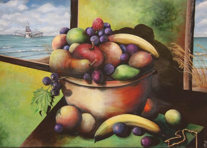 Bowl Filled With Fruit Greeting Card featuring the painting Fruit On The Beach by Virginia Bond