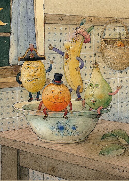 Night Moon Fruits Kitchen Greeting Card featuring the painting Fruits by Kestutis Kasparavicius