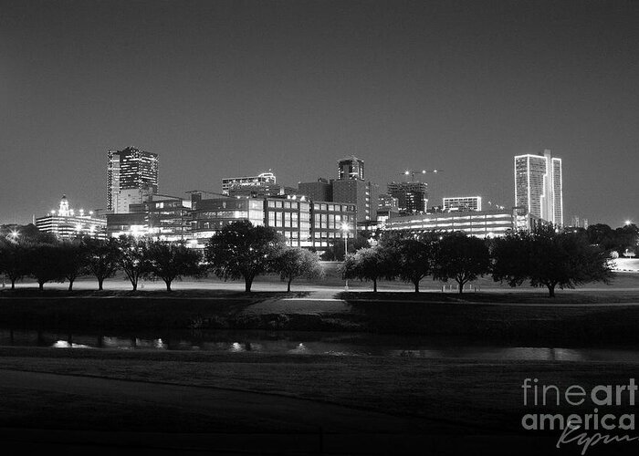 Pioneers Greeting Card featuring the photograph Ft. Worth Texas Skyline Dusk Black and White by Greg Kopriva