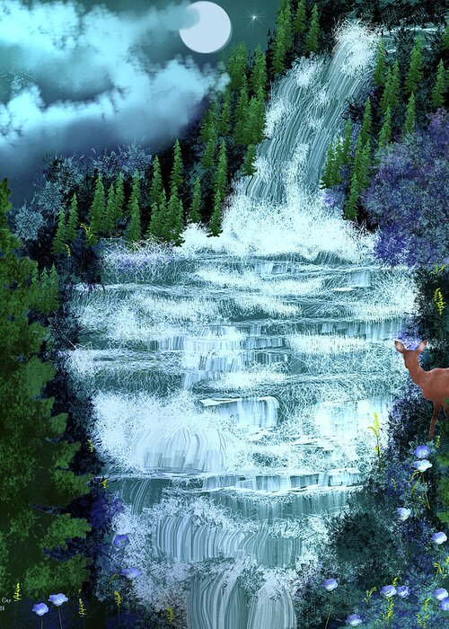 Digital Art Greeting Card featuring the digital art Full Moon over the Waterfall by Artful Oasis