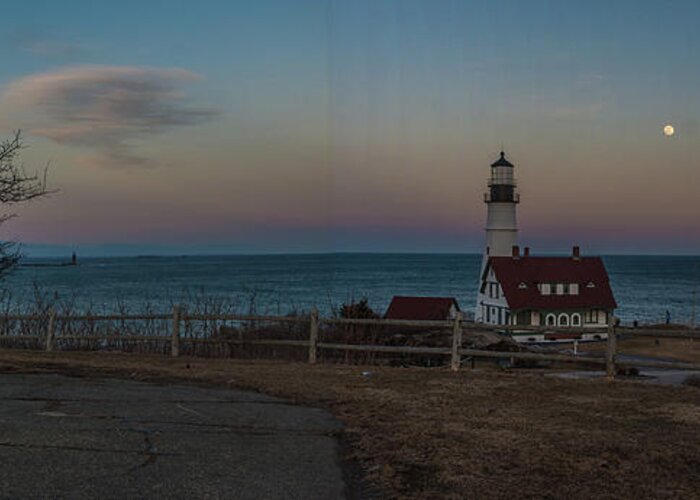 Atlantic Ocean Greeting Card featuring the photograph Full Moon panorama over Portland Headlight by David Bishop