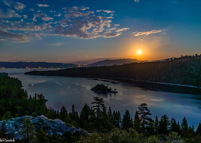 Emerald Bay Greeting Card featuring the photograph Full Moon Rising on Emerald Bay by Mike Ronnebeck
