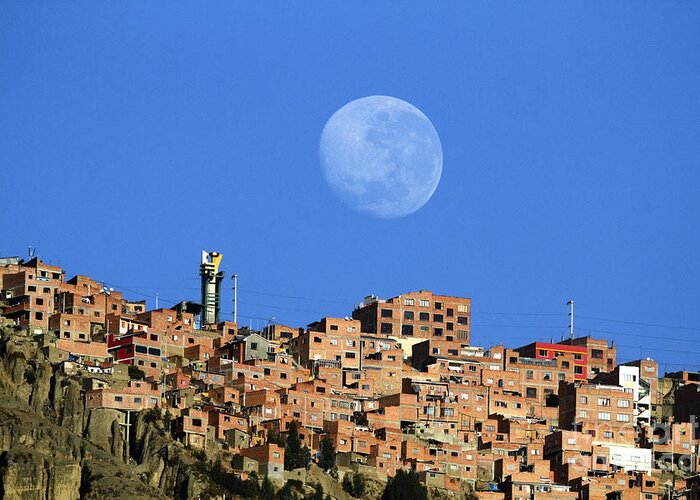 Bolivia Greeting Card featuring the photograph Full moon setting over El Alto Bolivia by James Brunker