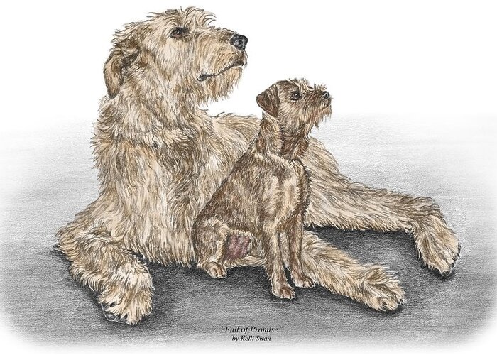 Irish Greeting Card featuring the drawing Full of Promise - Irish Wolfhound Dog Print color tinted by Kelli Swan