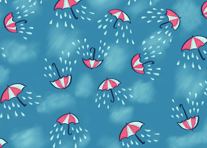 Rain Greeting Card featuring the digital art Fun Raining Umbrella Pattern by Boriana Giormova