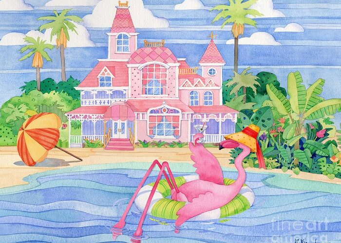 Flamingo Greeting Card featuring the painting Funky Flamingo Hotel I by Paul Brent