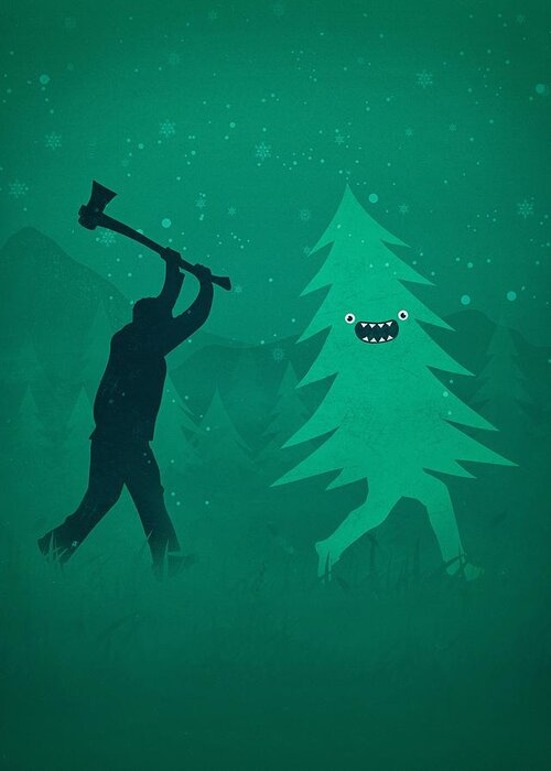 Cute Greeting Card featuring the digital art Funny Cartoon Christmas tree is chased by Lumberjack Run Forrest Run by Philipp Rietz